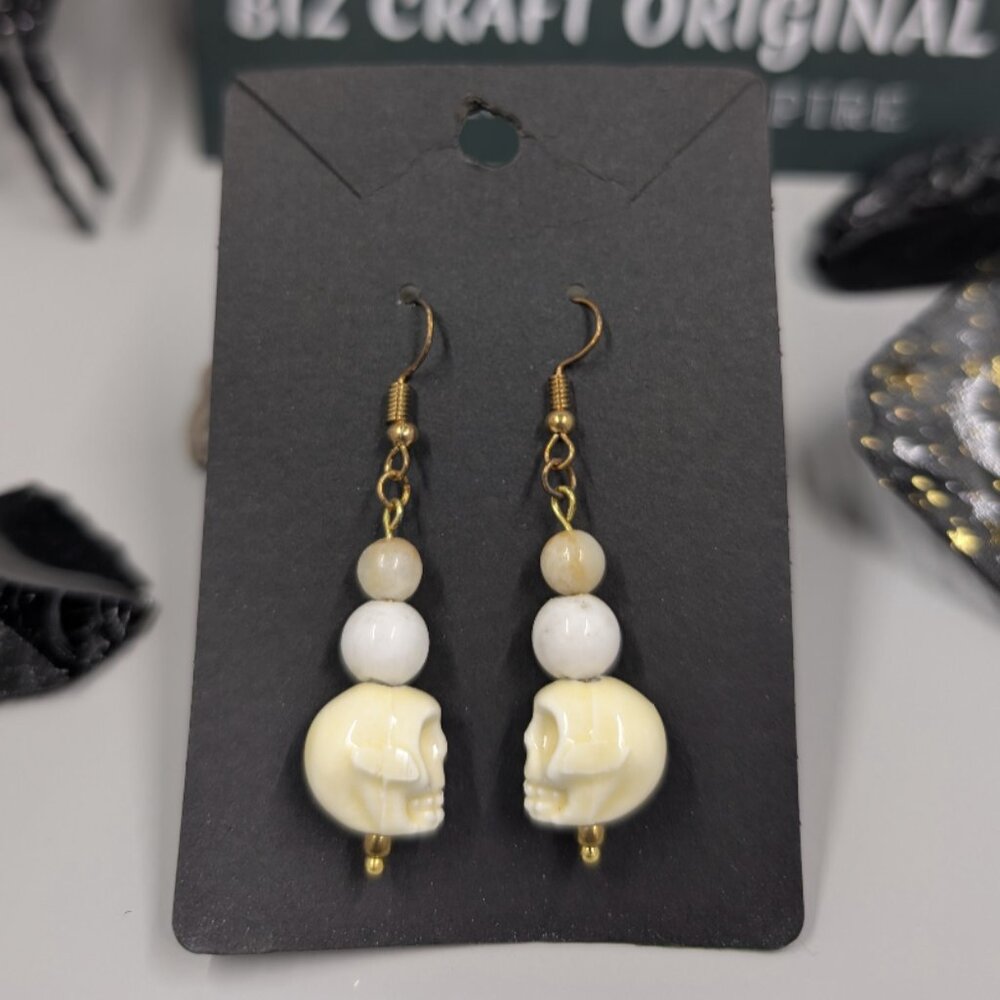 Carved Skull Totem Earrings with Moonstone and Amazonite Gemstones